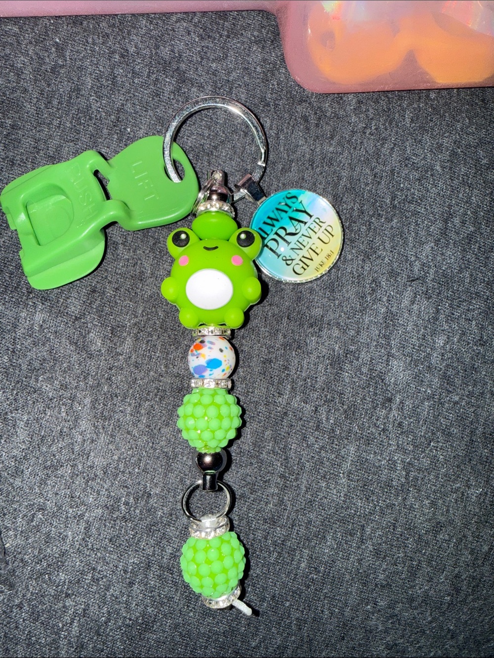 Green Frog Beaded Keychain with Inspirational Charm
